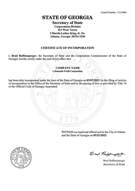 USA Georgia certificate of incorporation Word and PDF template